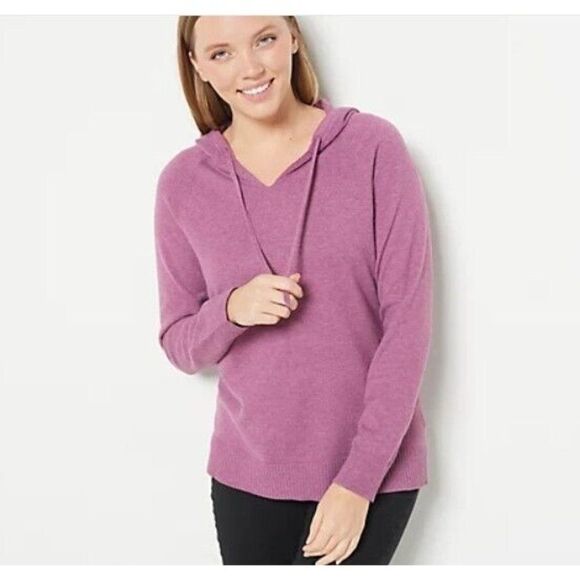 Denim & Co Sweater Honey Knit Hooded Split Neck Indigo Blue M A463329 NWOT - Picture 8 of 9